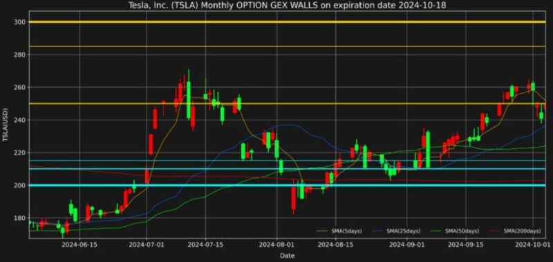 テスラ株2024年10月18日満期オプションガンマエクスポージャーチャート