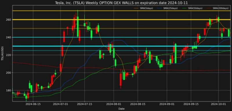 テスラ株2024年10月11日満期オプションガンマエクスポージャー2024年10月８日現在
