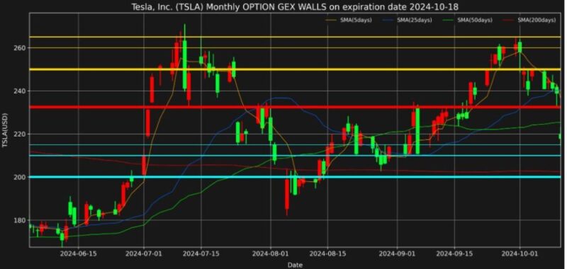 テスラ株2024年10月18日満期オプションガンマエクスポージャー2024年10月11日現在