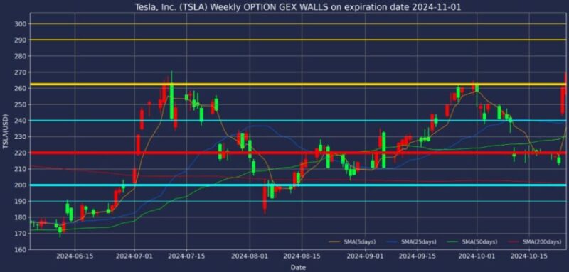テスラ株2024年11月1日満期オプションガンマエクスポージャーチャート2024年10月25日現在